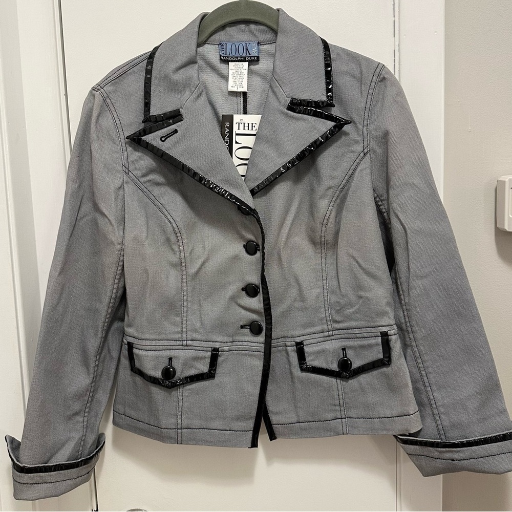 The Look Randolph Duke Womens Blazer 4 Jacket NWT Gray Long Slv Patent Trim
